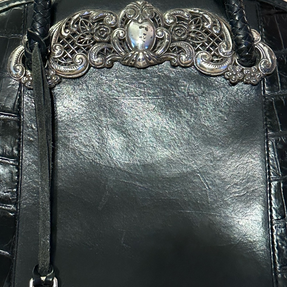 Brighton Black Leather Handbag with Silver Plated Accents EUC - Picture 2 of 16